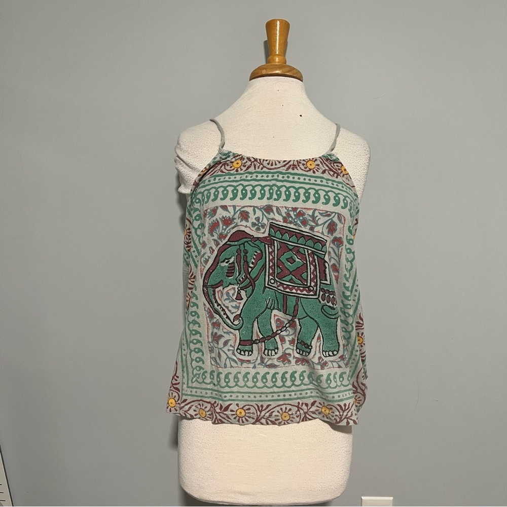 Title Unknown Elephant Teal Spaghetti Strap Tank Top Size L Boho Bohemian Casual
